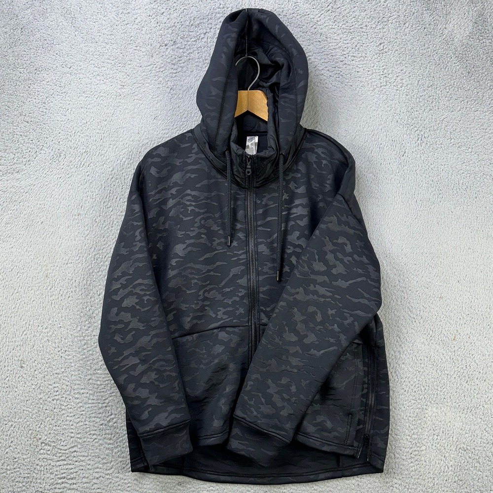 Fabletics Jacket Full Zip Hoodie Mens Large Black Camo Pocket Drawstring Stretch